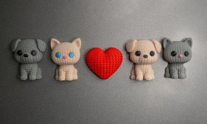 Knitted Fridge Magnet Pack – Puppy Kitty & Heart Magnets – Cute Knitted Style Magnets – Kitchen or Office Decor